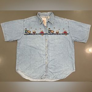 Vintage Faded Glory-Denim bear embroidered button up